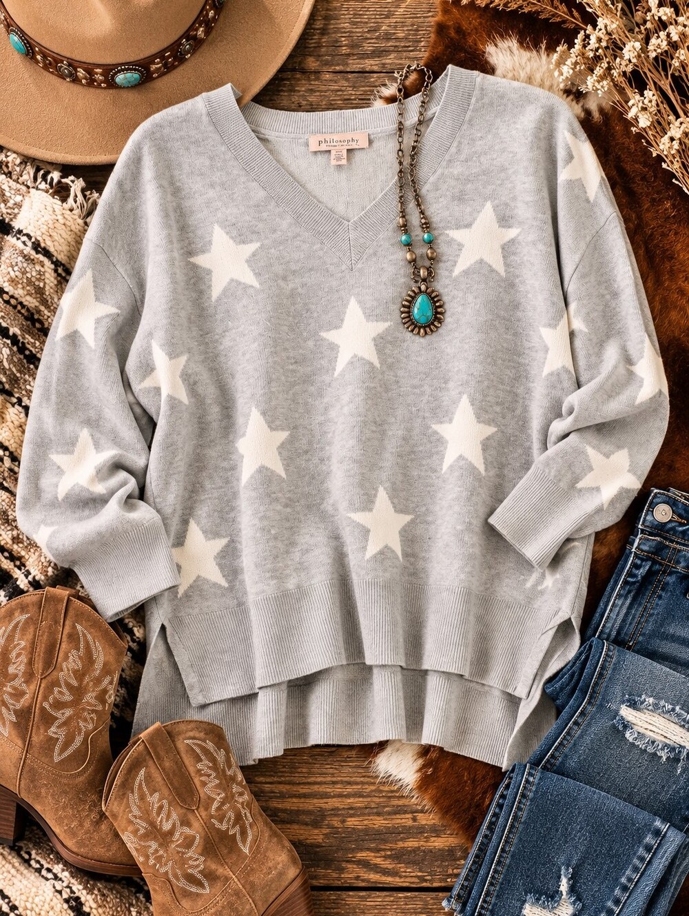Philosophy Woman 1X Gray Star V-Neck High Low Sweater NWT